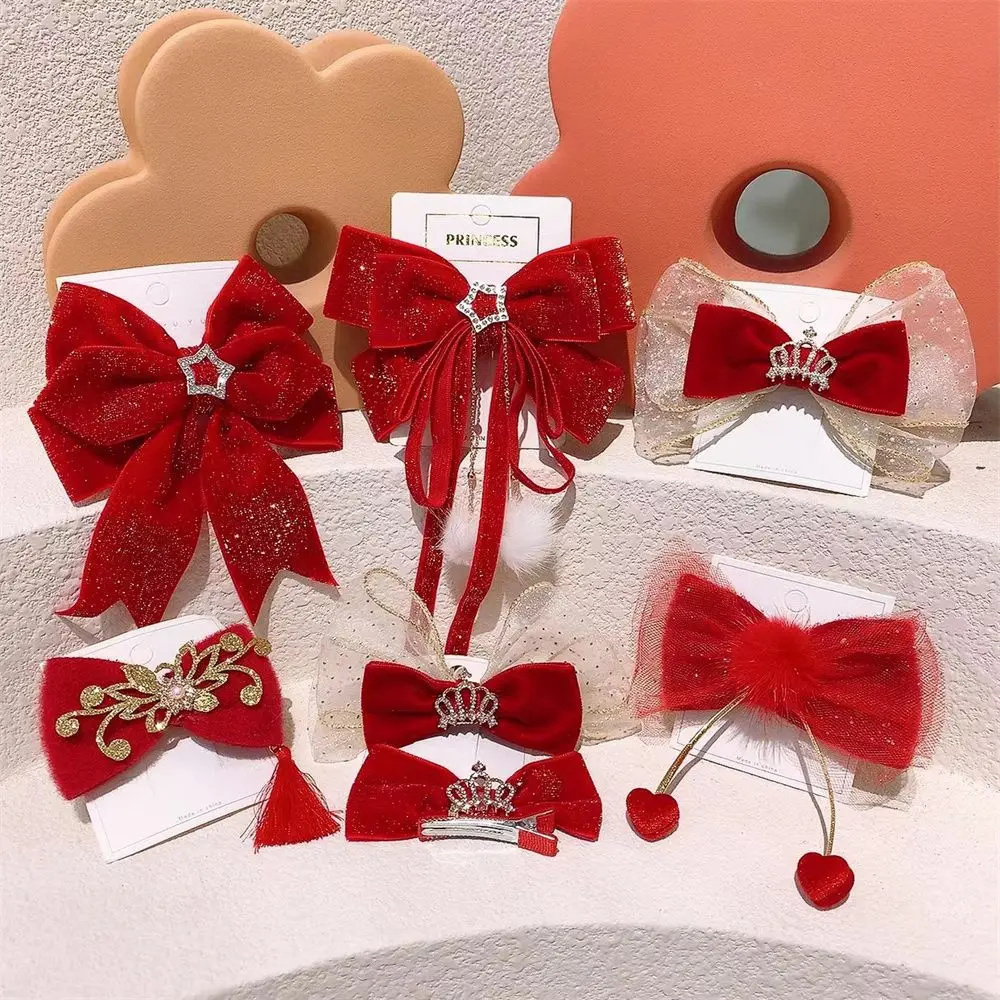 

Lovely Hairball Hairpins Ribbon Big Bow Red Velvet Hairpins New Year Hair Clips Baby Headwear Girls Hair Accessions
