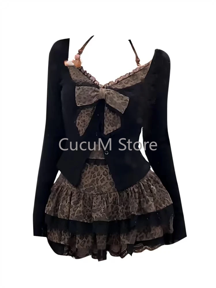 Женский винтажный модный леопардовый костюм осенне-зимний бант тонкий