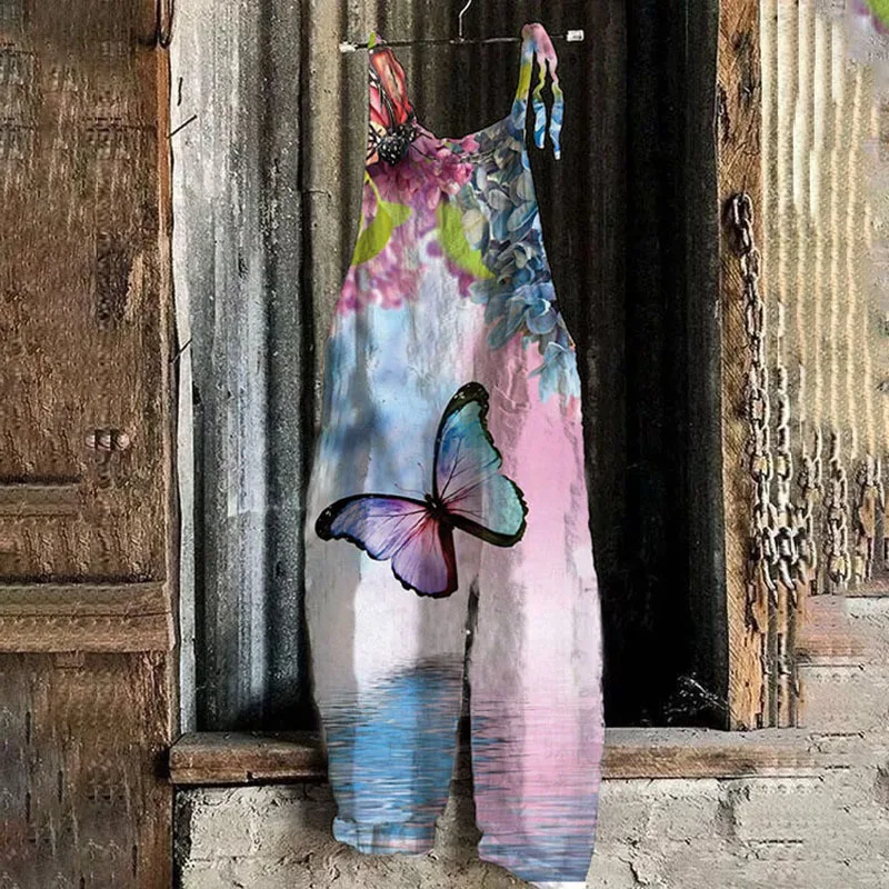 Широкий свободный комбинезон женский повседневный винтажный с принтом бабочки