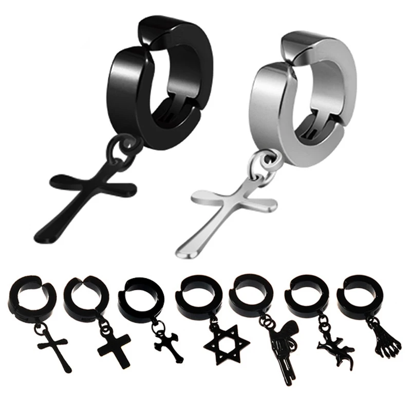 

1 Pc Stainless Steel Earrings Men Women Fashion Hiphop Rock Style Cross Dangle Hoop Clip on Earrings Non-Piercing Ear Cuff Clip