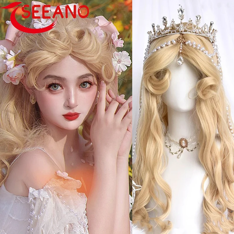 

SEEANO Synthetic Long Wavy Cosplay Wig With Bang Blonde Dark Brown Cute Lolita Wig Women Halloween Cosplay Wig Female