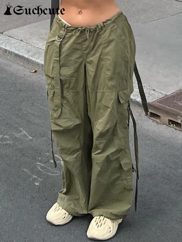 

SUCHCUTE Streetwear Bandage Women Cargo Jeans Retro Casual Multiple Pockets Baggy Trousers Solid 90s Straight Pants Autumn 2022