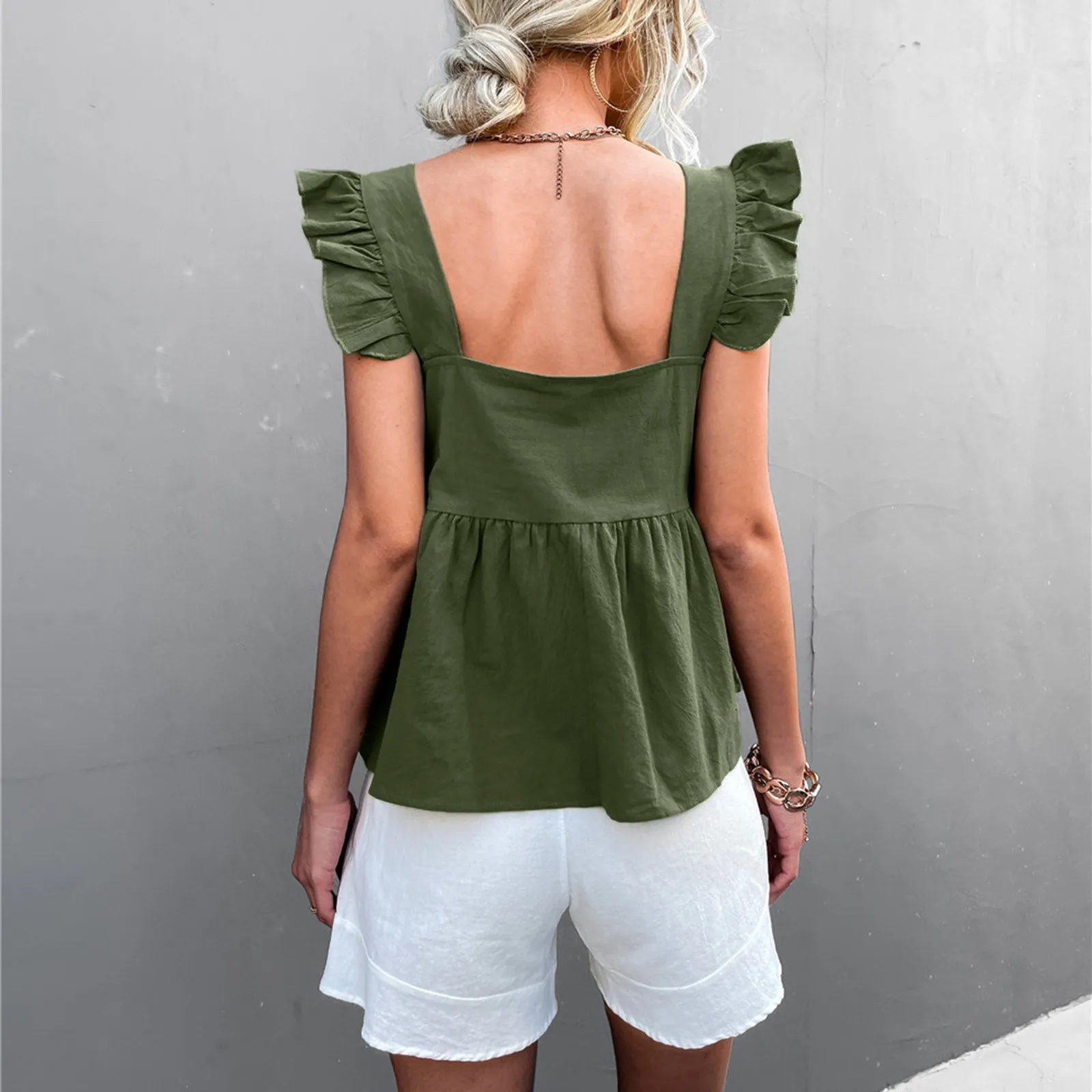 

Женская Однотонная футболка, Летние повседневные топы, однотонные топы с U-образным вырезом без рукавов для девочек, укороченные футболки, о...