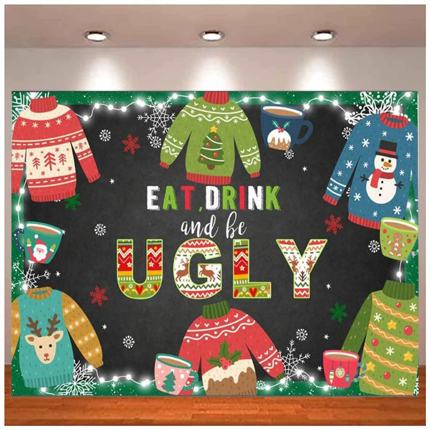 

Winter Ugly Sweater Photography Backdrop Ugly Sweater Christmas Background Chalkboard Eat Drink Be Ugly Birthday Holiday Party