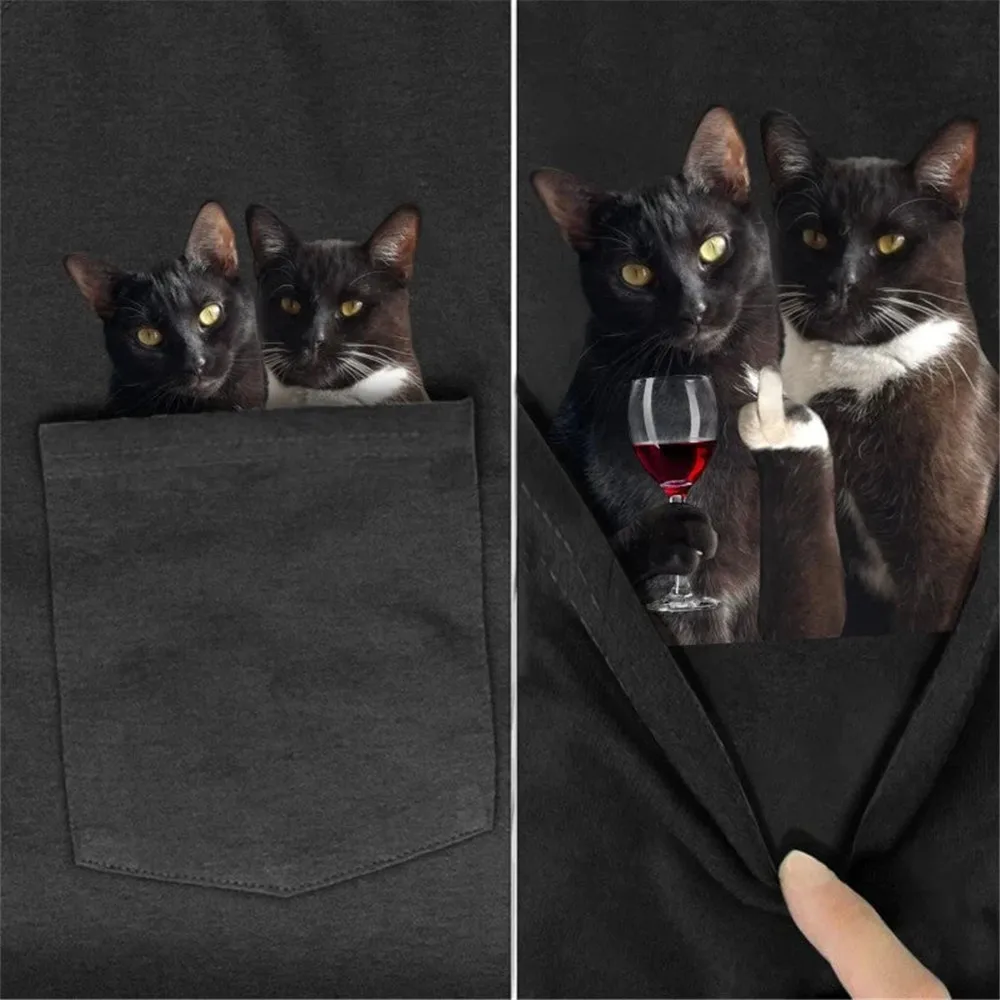 

HX New Fashion T-shirts Double Cat Wine Pocket T-shirt Summer Short Sleeve Shirts 100% Cotton Tees Dropshipping