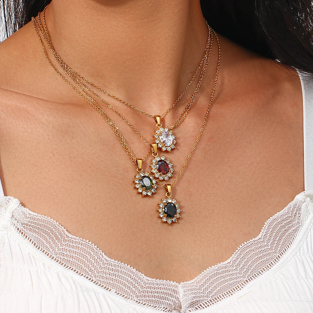 

Luxury Oval Shape Black White Red Green Zirconia Gemstone Pendant Necklace For Women Elegant Ladies Zircon Crystal Necklace
