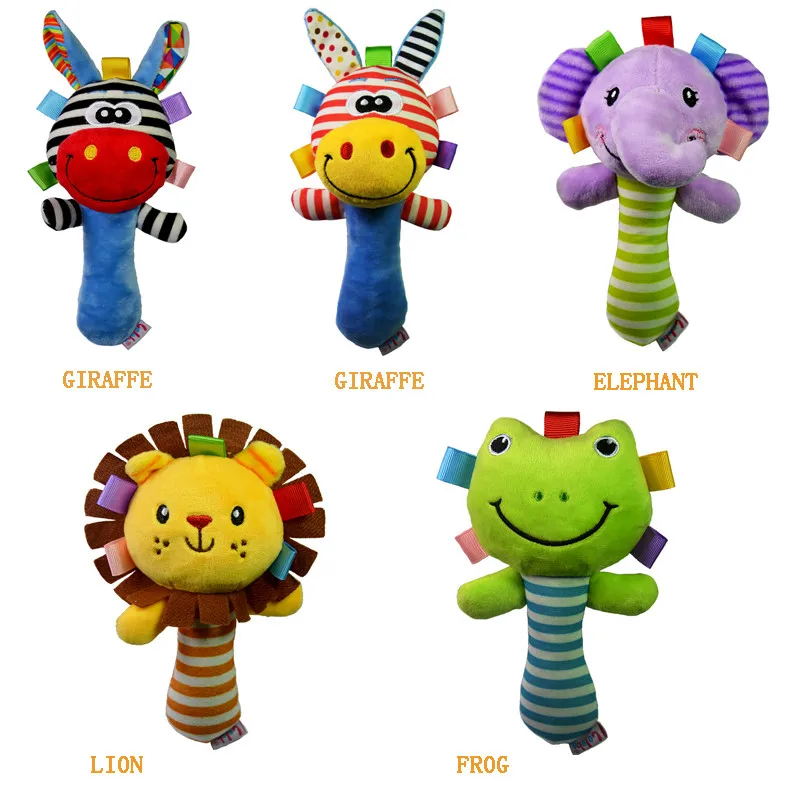 

Soft Baby Toy Cartoon Animal Rattle Squeaker BB Sounder Early Educational Doll Elephant Giraffe Lion Frog Plush Hand Rattle Bell