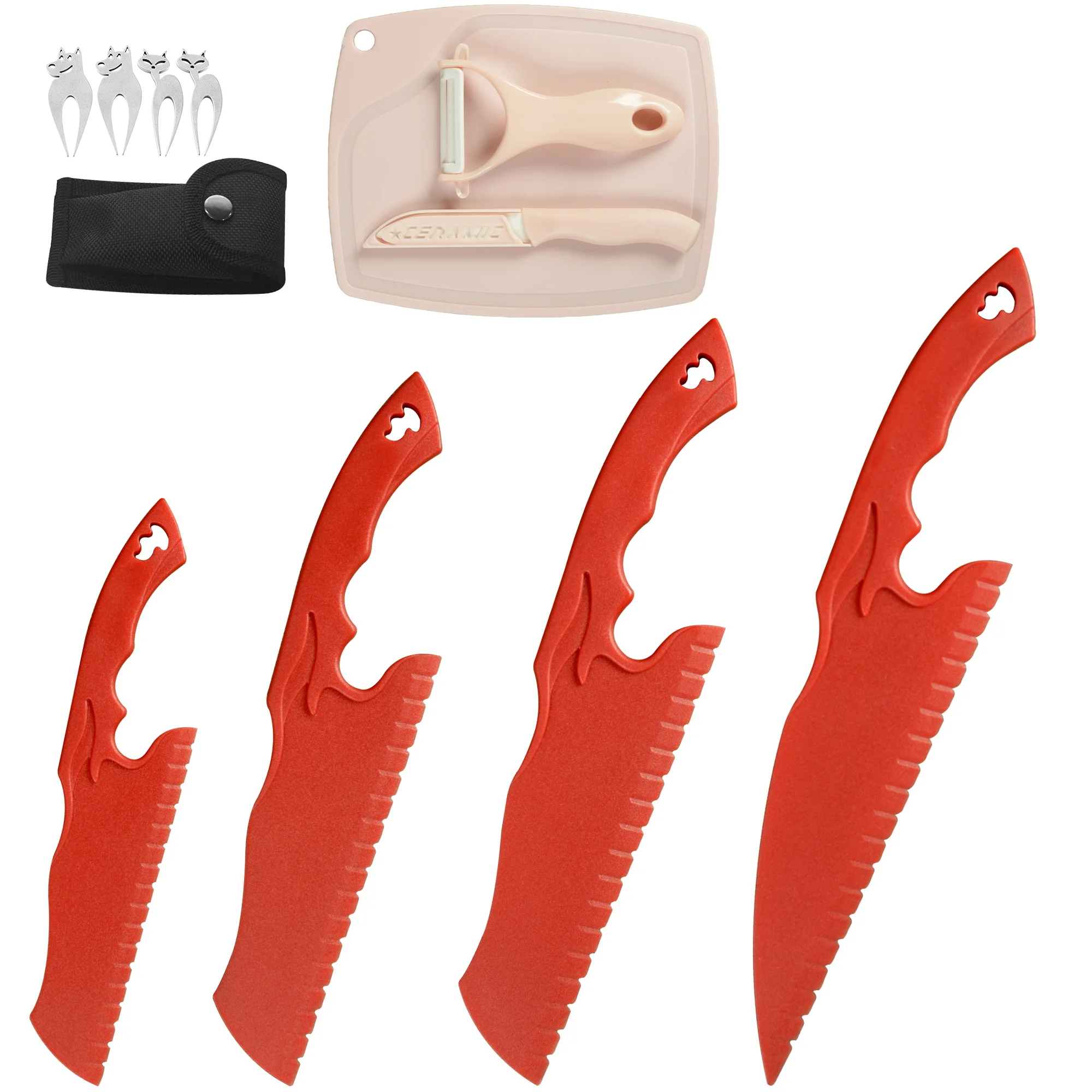 

Набор из 4-х ножей с керамическим ножом, Овощечистка, фруктовый нож, разделочная доска, зубчатые лезвия, полипропиленовые ножи для торта и хлеба, набор для детей