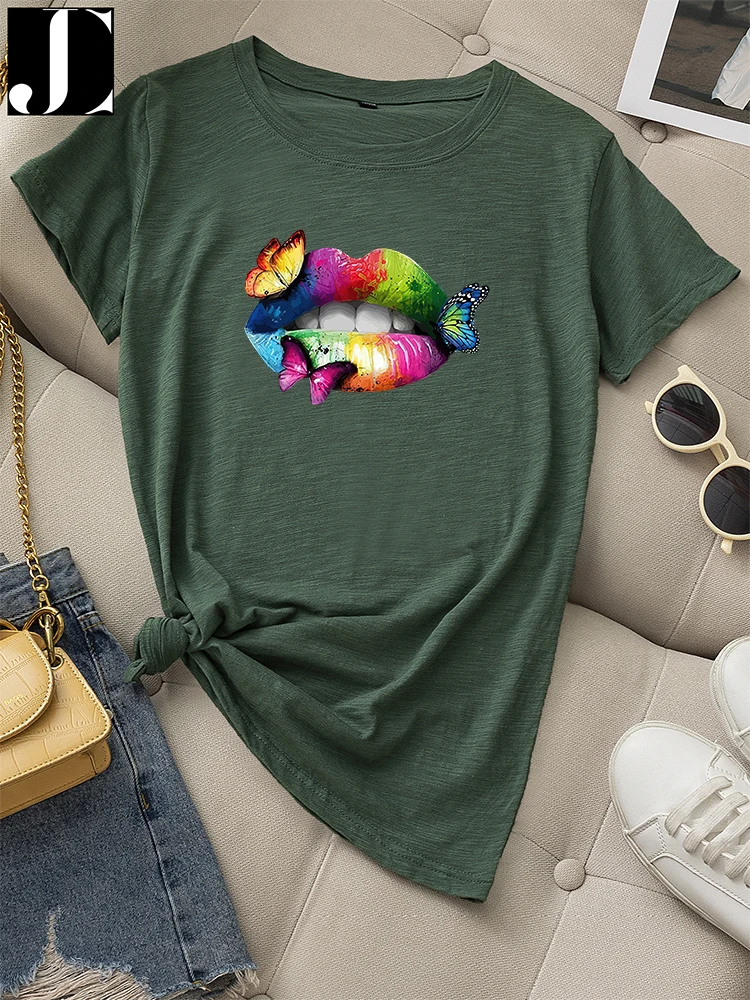 

Casual T-shirt Women Summer Graphic Short Sleeve Female 100% Cotton Regular T Shirt Lip Butterfly Print Fashion O-Neck Tees Tops