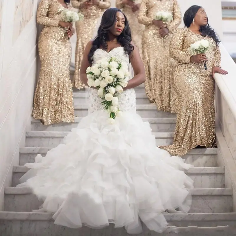 

Sweetheart Appliques Beaded Mermaid Wedding Dresses Vestido de Noiva Sweep Train Tiered Ruffles Skirt African Bridal Gowns