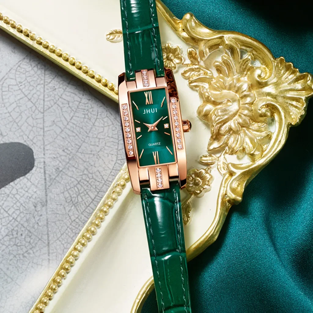Watches Women Square Rose Gold Wrist Watches Green Leather Fashion Watches Female Ladies Quartz Clock Gifts montre femme