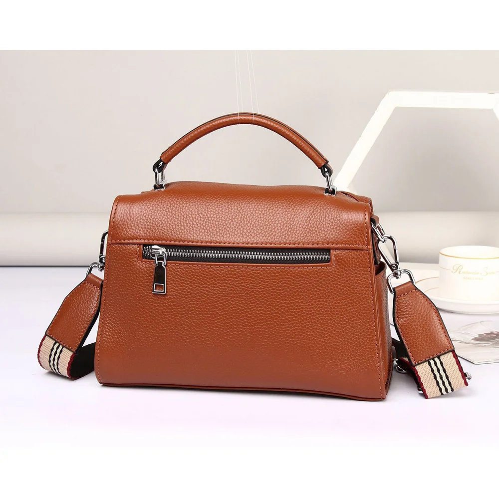 Fashion Trend Genuine Leather Woman Handbag Purse Wide Striped Strap Shoulder Bag High Capacity Boston Bags Female Crossbody Bag