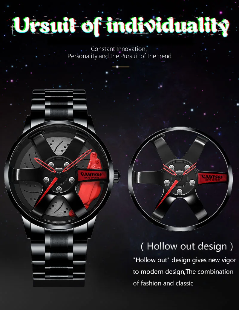 

Car Wheel Rim Hub Quartz Watch Men Luxury Black Red Green Stainless Steel Watches Man Wristwatch Male Skeleton Dial Style Reloj