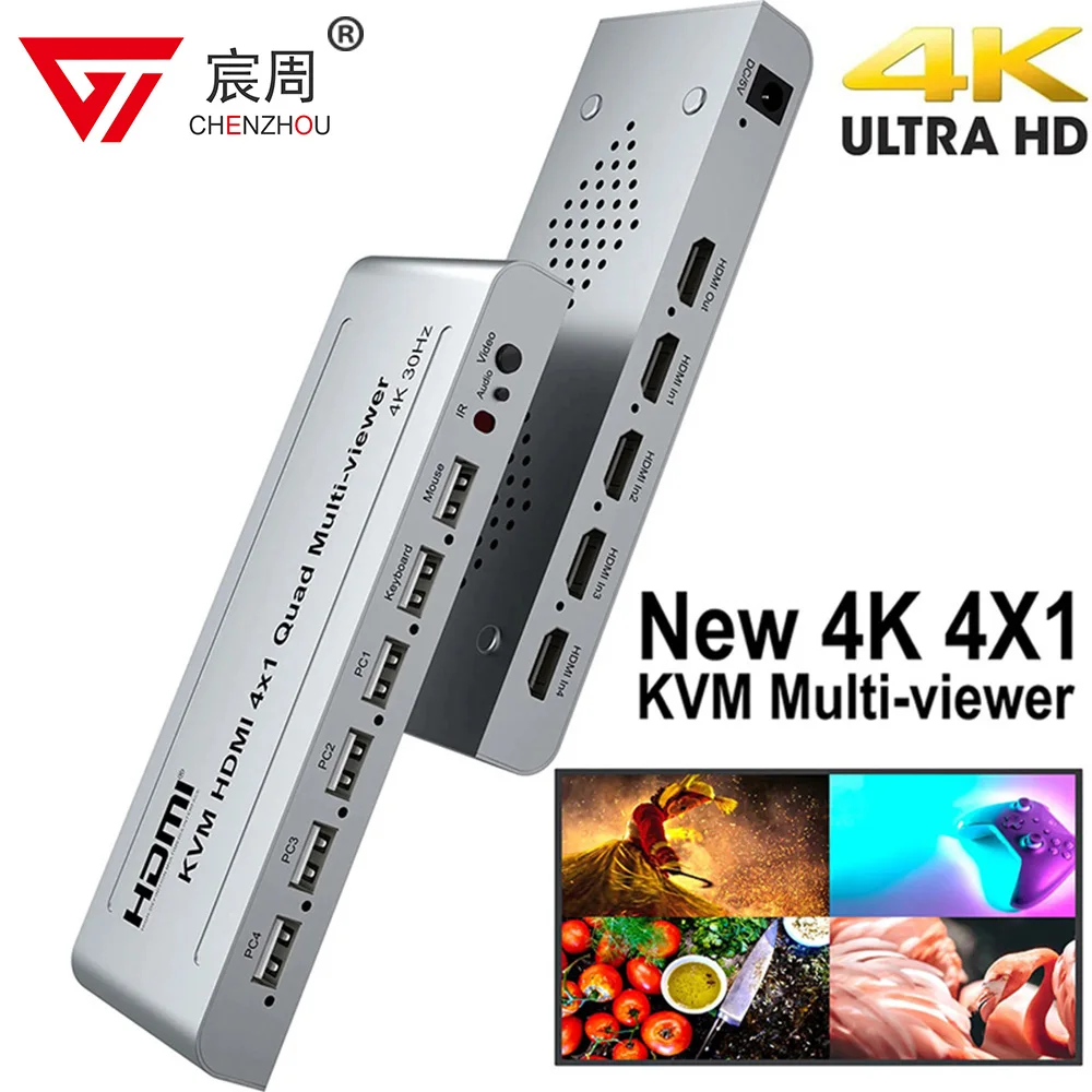 Четырехъядерный многофункциональный переключатель KVM HDMI 4X1 4 в 1, видеопроцессор, многофункциональный экран, бесшовный 1080P, поддержка USB-клавиатуры, мыши HDMI KVM Switcher 4X1 Quad Multi Viewer 1080P 4 Channel S