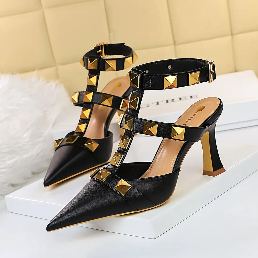 

BIGTREE Shoes Woman Sandals Roman Style High Heels Metal Rivets Kitten Heels Women Pumps Sexy Party Shoes Summer Heeled Shoes