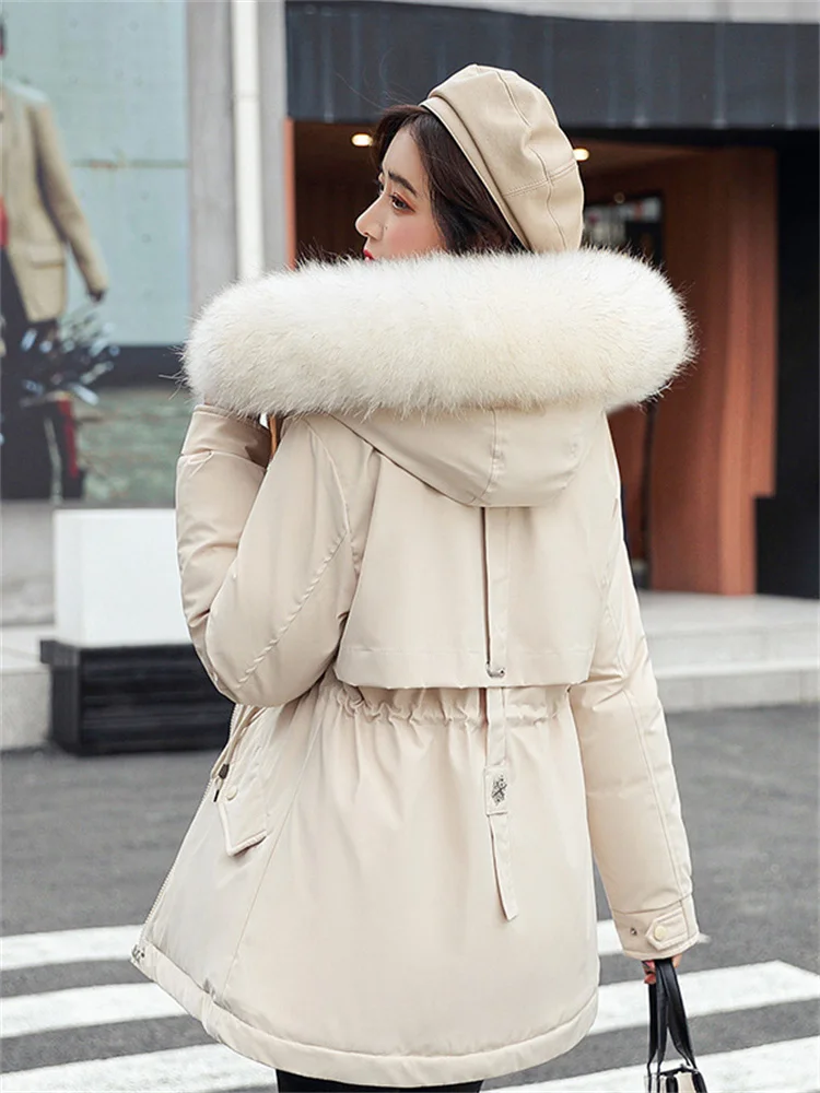 

Winter Coat Women Beige Add Velvet Thick Warmth Hooded Parka 2022 New Fashion Loose Drawstring Waist Warmth Cotton Coat Feminina