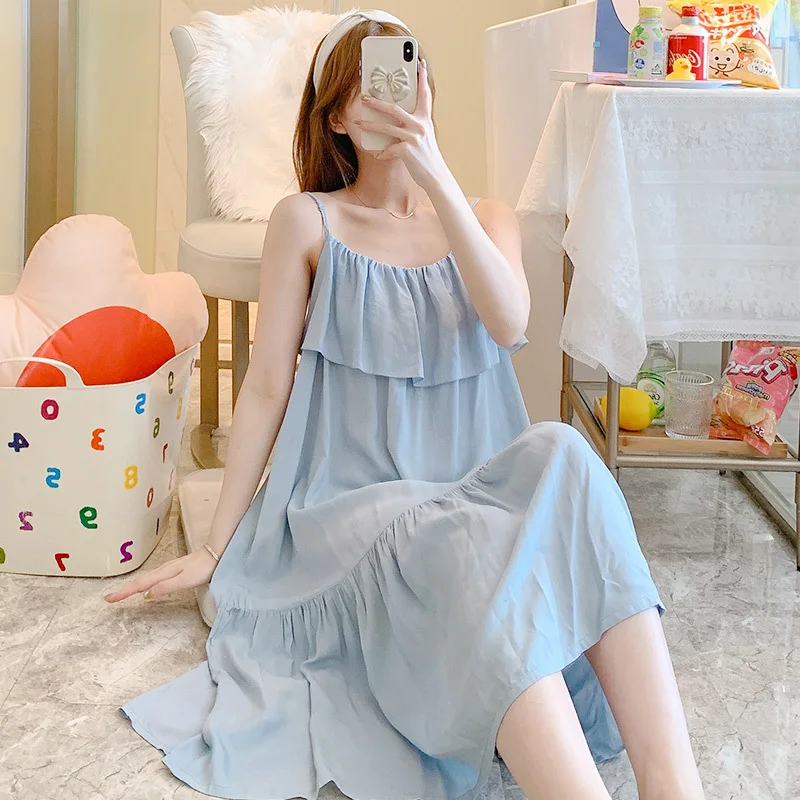 Night Wear Summer Sleepwear Dress Cotton Silk Night Gown For Women Sling Sexy Nightdress