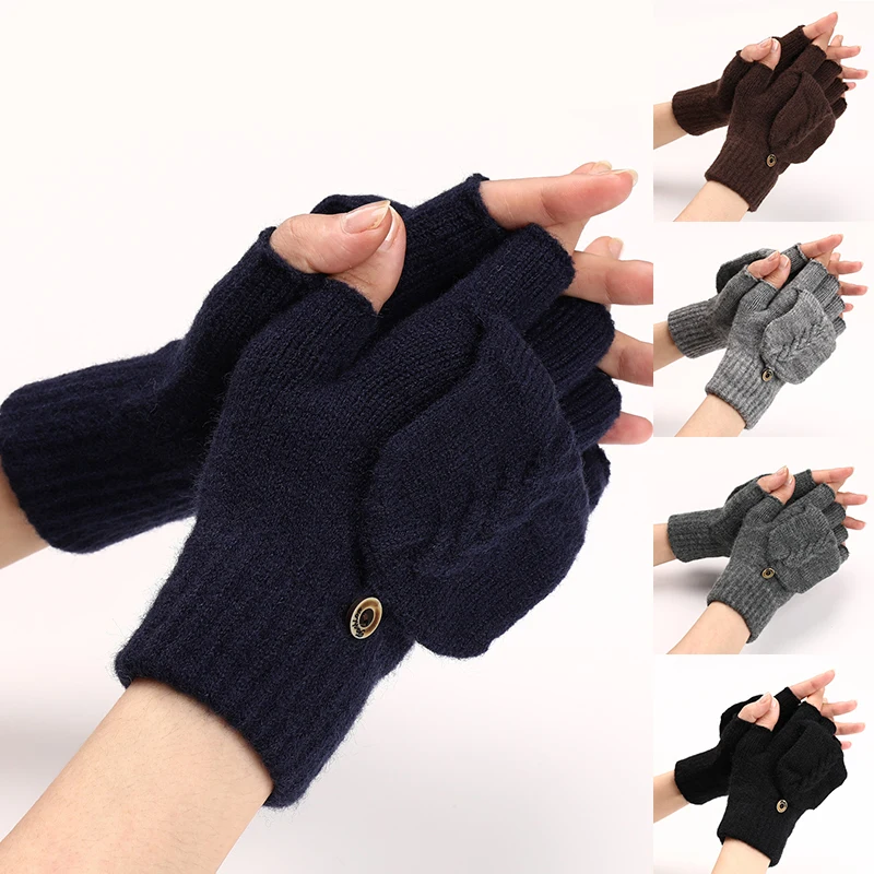

Unisex Wool Knitted Fingerless Flip Gloves Men Women Exposed Finger Mittens Solid Color Half Finger Gloves Elastic Mittens