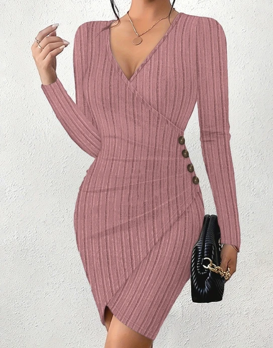 

Women's Solid Color High Waist Button Design Dress 2023 New Spring Autumn V-Neck Tight Wrap Hip Slim Fit Sexy Long Sleeved Dress