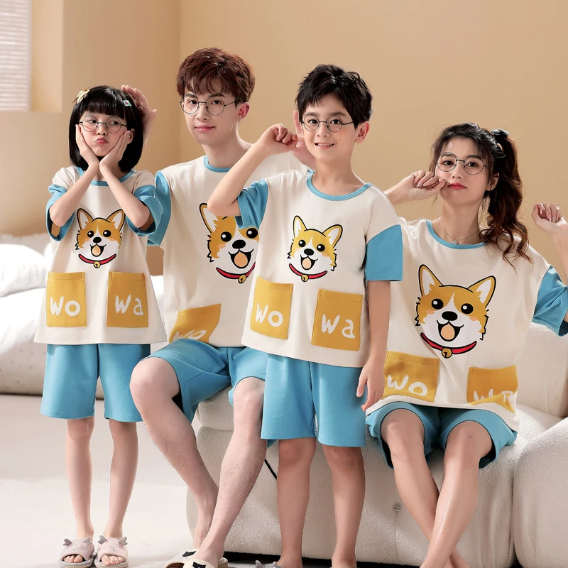 

Parent-child Clothing Pajamas Set Women Men Sleepwear Cotton Short Sleeve Child Pyjama Dog Print Home Casual Clothes