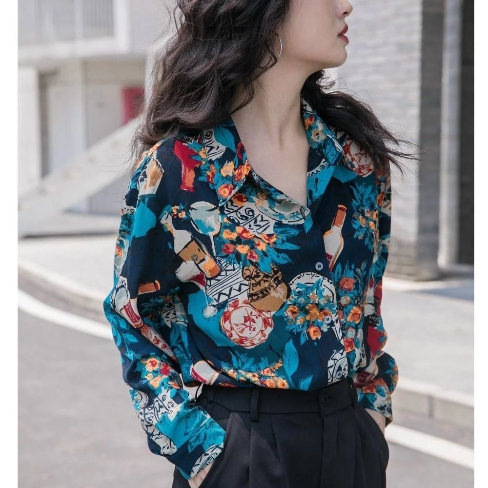 Women Summer Fashion Floral Blouses Tops Lady Retro Casual Long Sleeve Flower Printed Button Up T-Shirt Korean Japanese Trendy