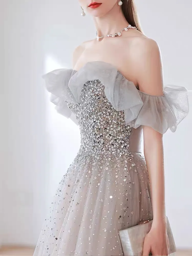Роскошное серое Серебряное платье знаменитости с открытыми плечами блестящие