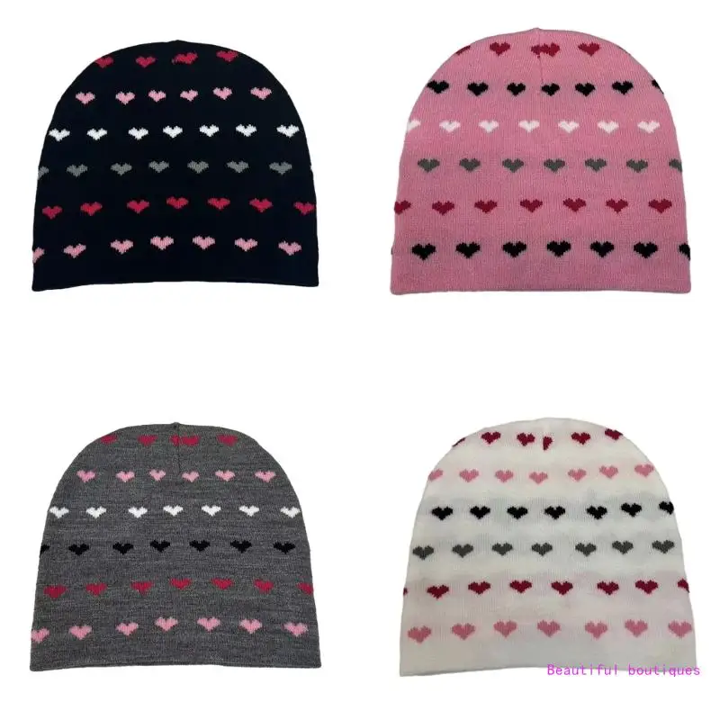 

Adult Beanie Winter Ear Protector Hat Teens Jacquard Heart Pattern Cycling Hat DropShip
