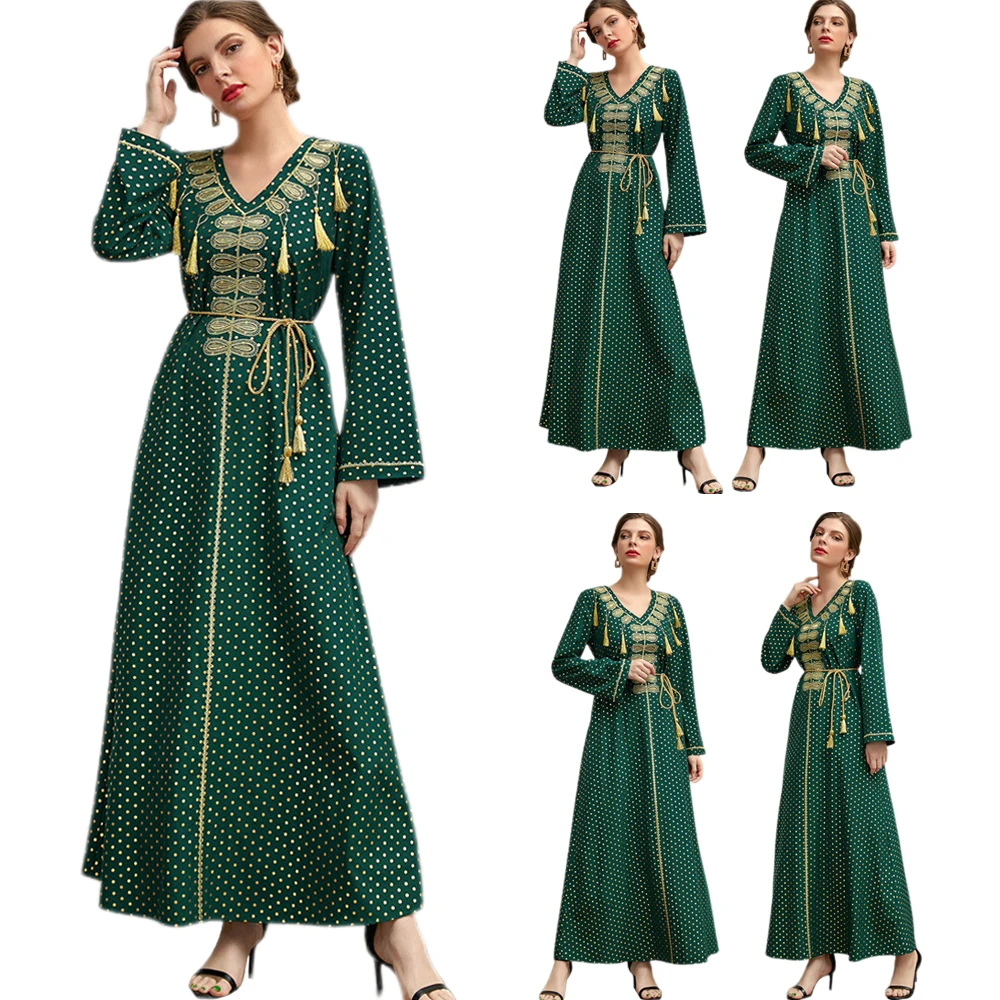 Женское длинное платье в горошек, элегантное этническое платье с кисточками и длинным рукавом, с принтом в арабском, мусульманском стиле, ви...