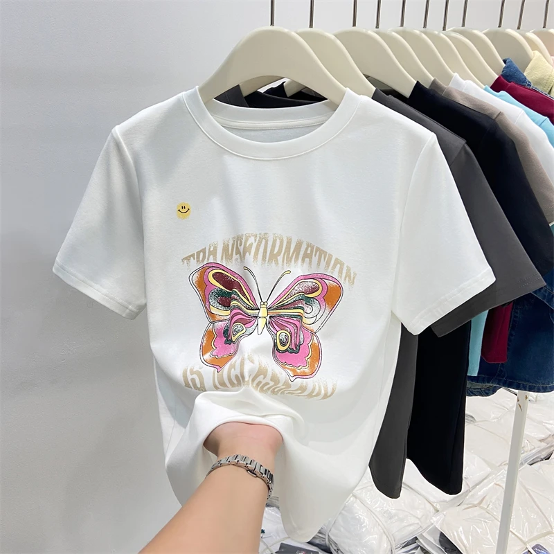 Футболка женская с коротким рукавом и круглым вырезом базовый топ принтом