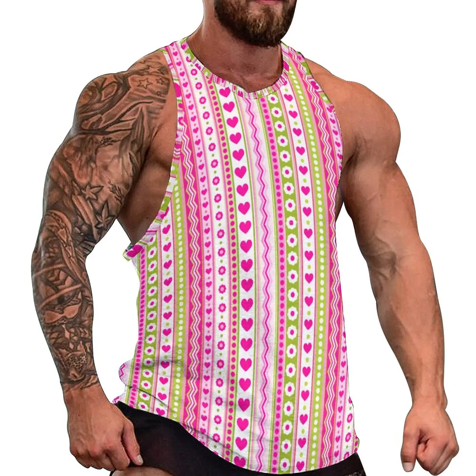 

Pink Dots And Stripes Summer Tank Top Flowers Hearts Print Training Tops Mens Printed Trendy Sleeveless Vests 3XL 4XL 5XL