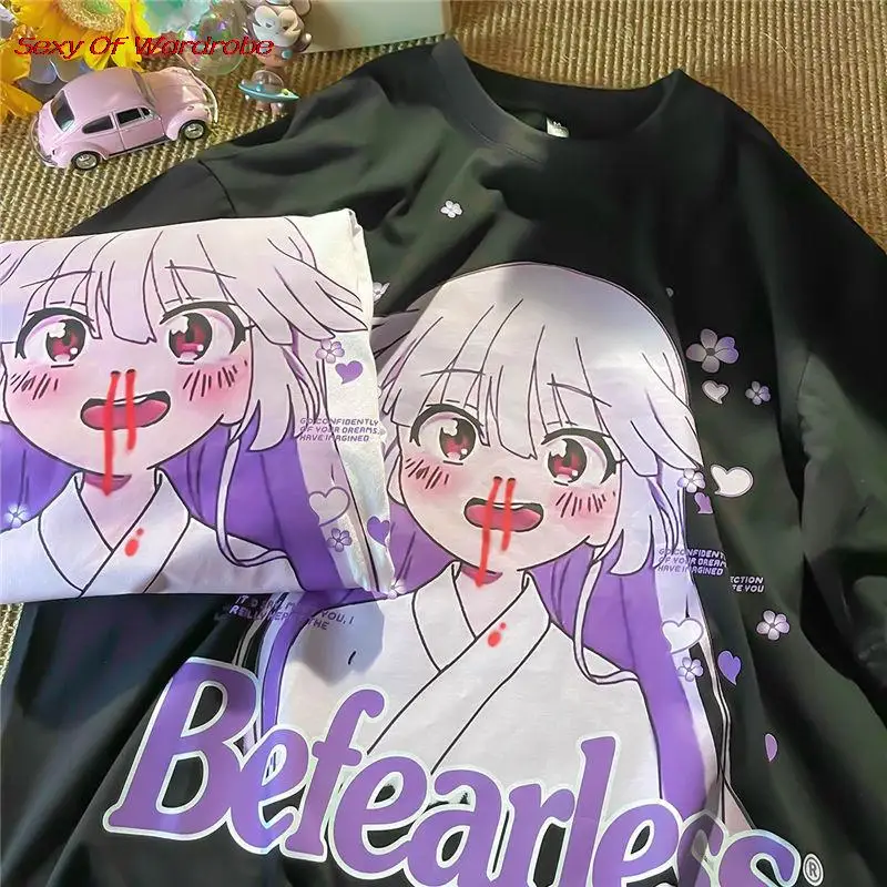 

Модная футболка с принтом кавайной девушки из аниме, Свободные повседневные хлопковые топы с коротким рукавом и круглым воротником для сту...