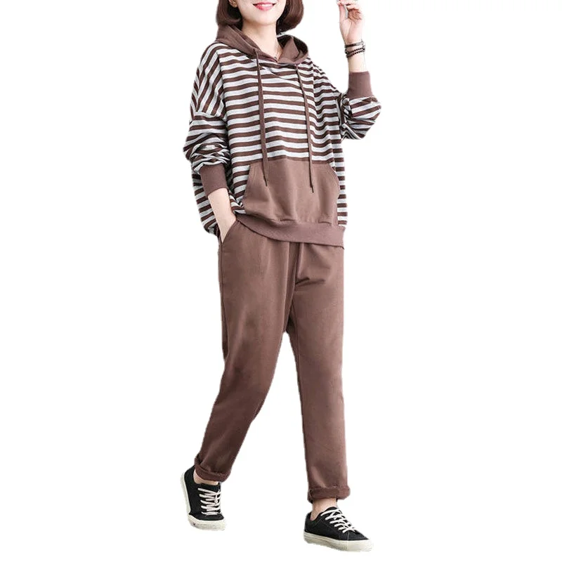 

Spring Casual Loose Striped Hooded Sweatshirt and Harem Pants Tracksuit 5XL Korean 2 Piece Sets Sweatsuit Women Outfit