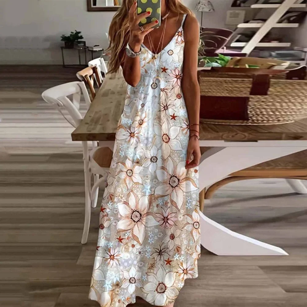 

Summer Maxi Dresses Women Bohemian Floral Print Spaghetti Strap V-Neck Sleeveless Long Dress Casual Beach Party Robe Vestidos