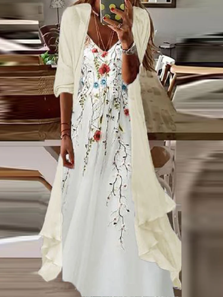 

Women Spring Vintage Print Outfits Elegant Casual V Neck Maxi Skirt+Loose Cardigan Long Tops 2pc New Fashion Autumn Boho Suit
