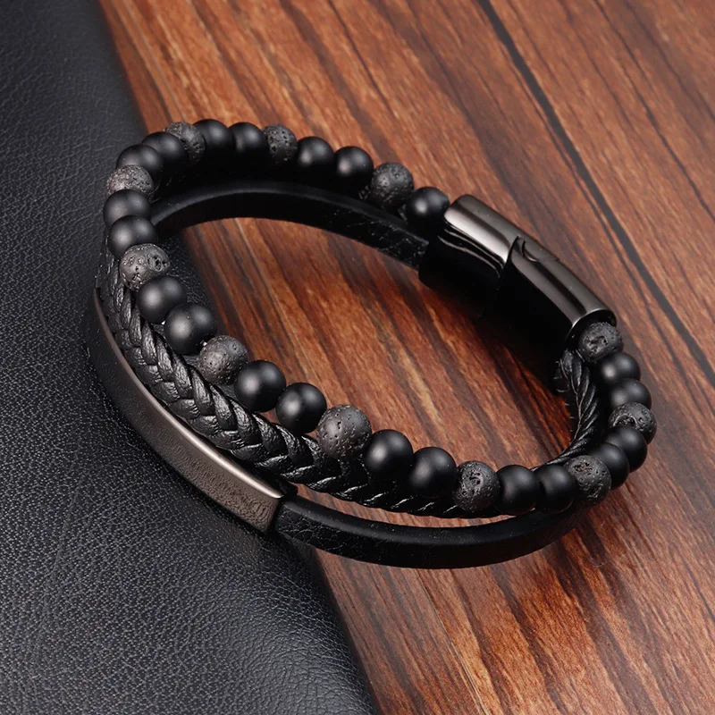 

Fashion Woven Leather Bracelet Tiger Eye Stone Beaded Stainless Steel Magnetic Buckle Charming Men's Gift Wholesale
