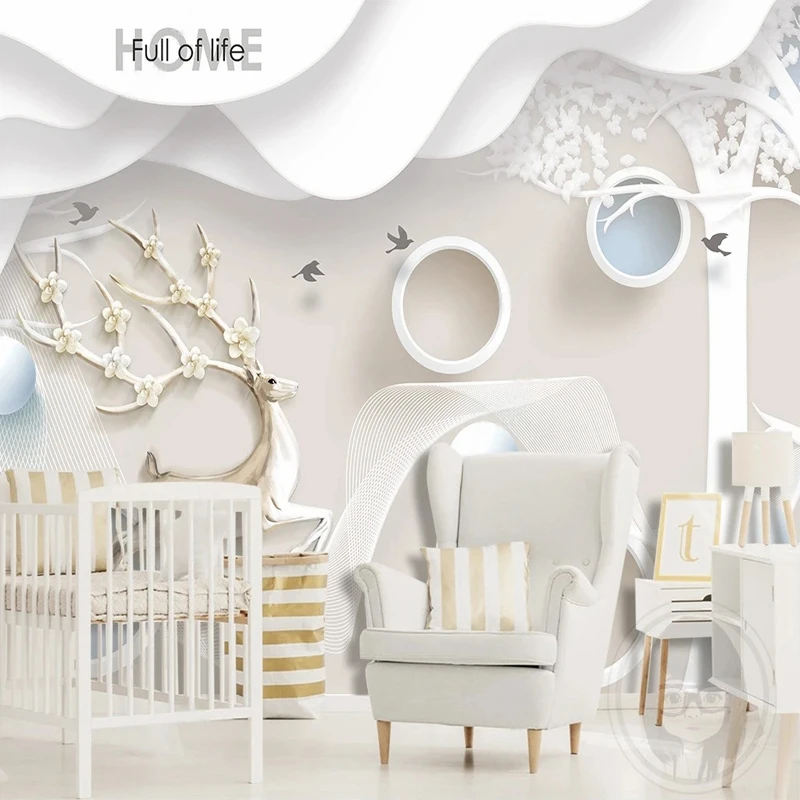

Custom 3D Photo Modern Tree Elk Geometric Circle Mural Wallpaper for TV Sofa Background Wall Painting Bedroom Living Room Decor
