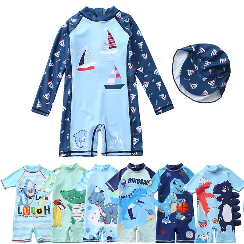 Toddler Swimsuit UV Boy One Piece Long Sleeve Bathing Suit Kids Dinosaur Overalls Children's Swimwear for Boys Baby Surf Suit
