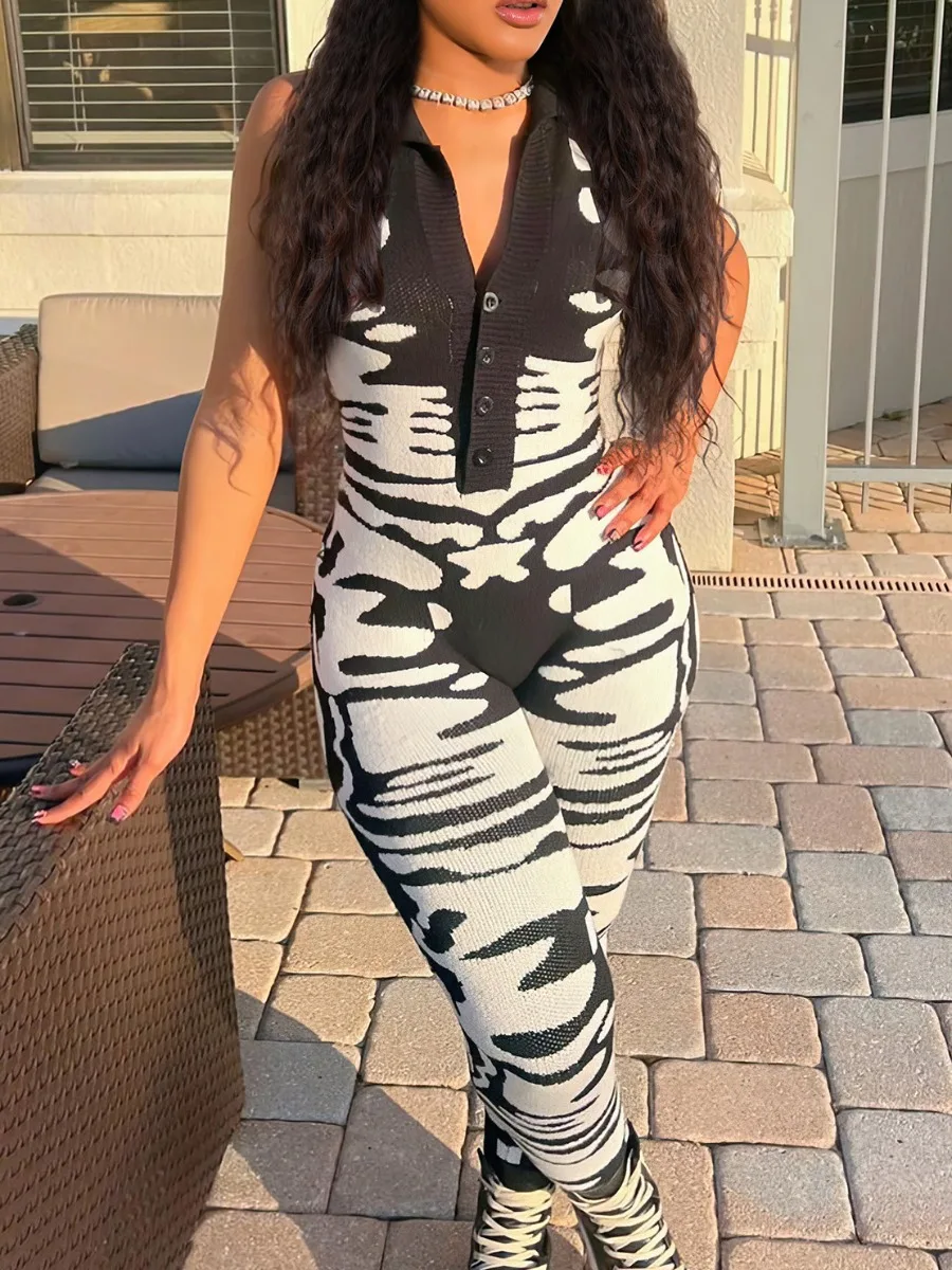 LW Button Design Print Jumpsuit bodycon jumpsuit overalls for women summer sleeveless elegant casual street fitness outfit