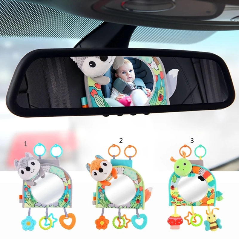 

67JC Baby Car Toy Travel Activity Tummy-Time Mirror Plush Rattle Toy with Stuffed Animal Infant Road Trip Rattle Child Mirror