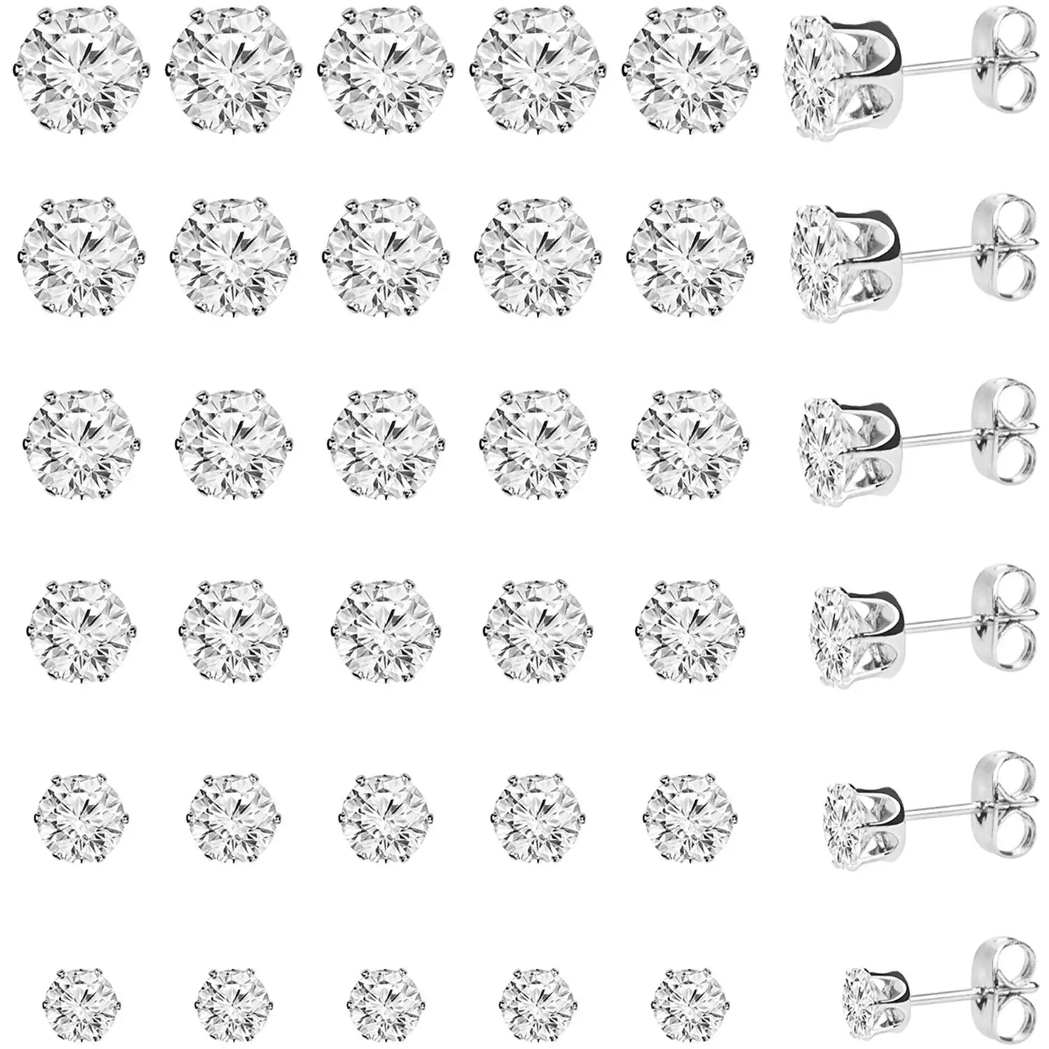 

30 Pairs/60 Pack Cubic Zirconia Stud Earring 6 Sizes Round Clear Earring Studs Set for Women and Men 3-8MM