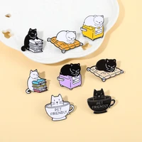 creative cartoon cat soft enamel pins cat reading book and drinking coffee sleeping badge animal brooch fo jewelry accessory