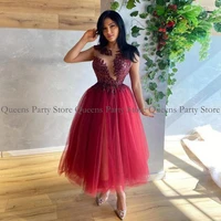 luxury burgundy short evening dress illusion o neck sleeveless sparkling beading cocktail party gown tea length prom dresses