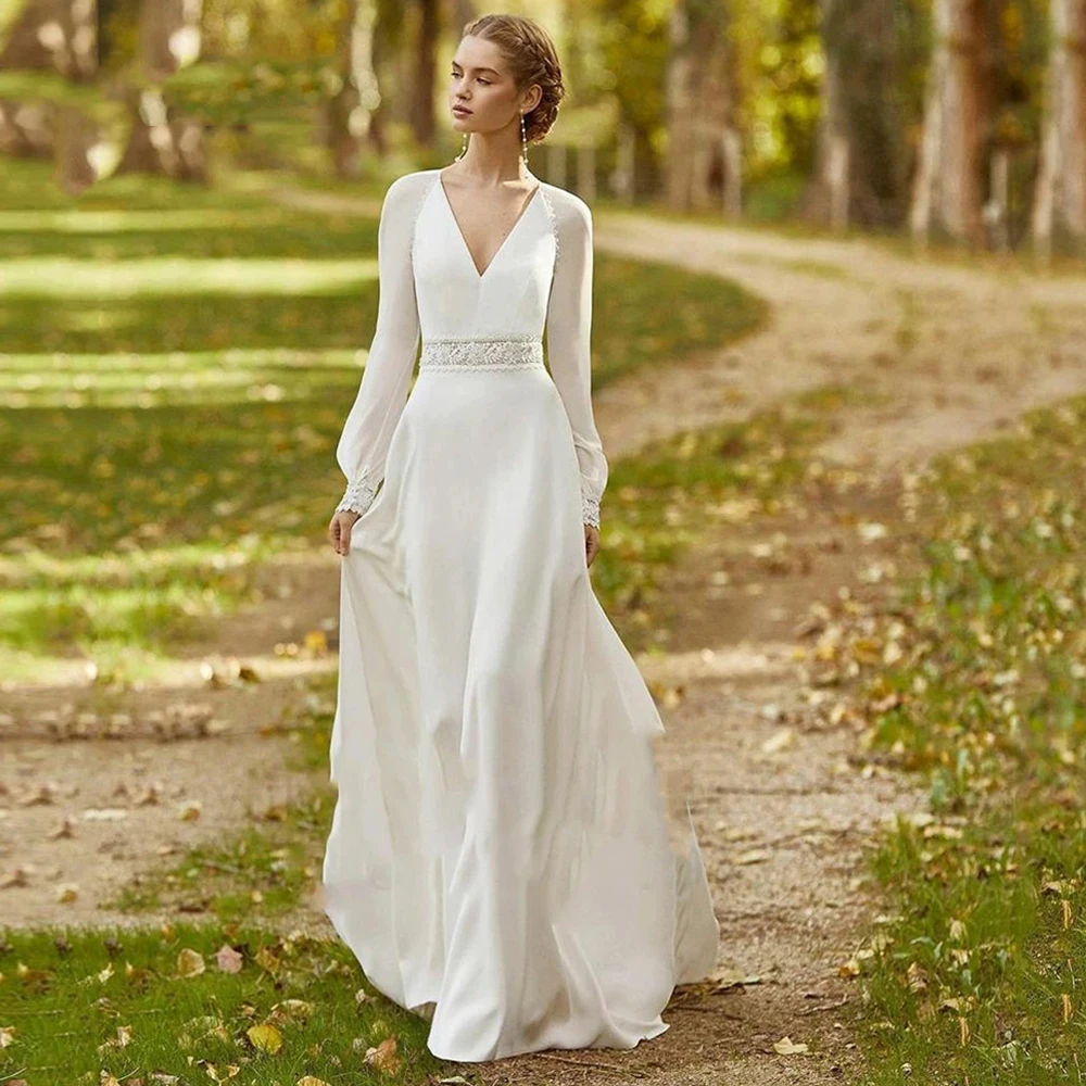 

Женское шифоновое платье с V-образным вырезом, длинным рукавом