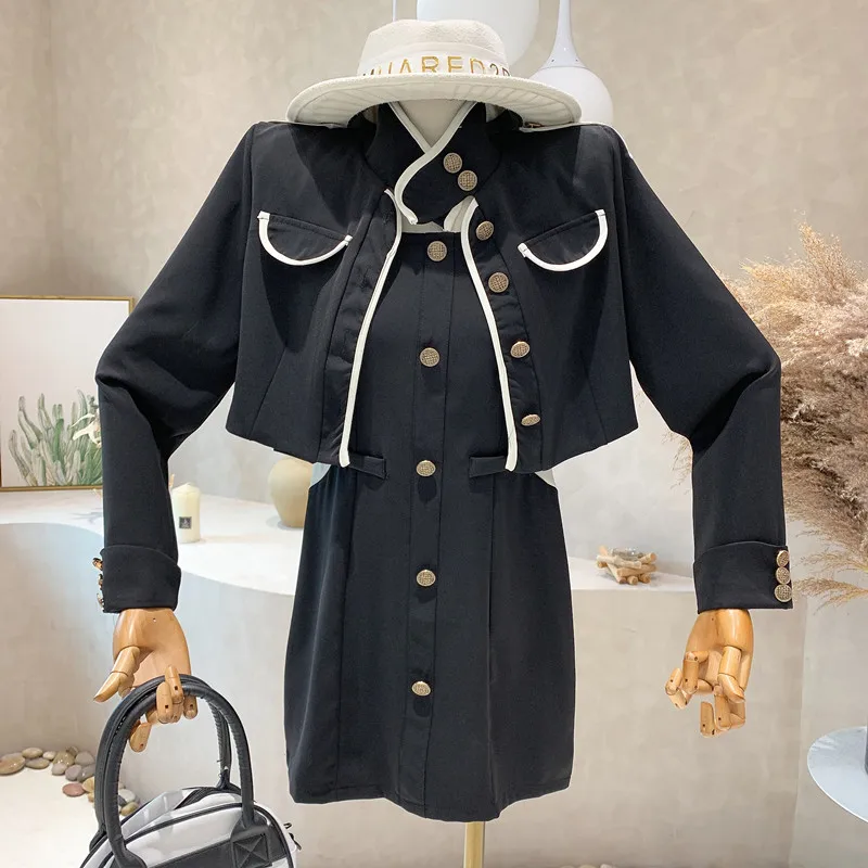 

Niche Design New In Women's Clothing 2022 Autumn Black Long Sleeve Top Coat Jackets Patchwork Suspender Dress two-piece Set