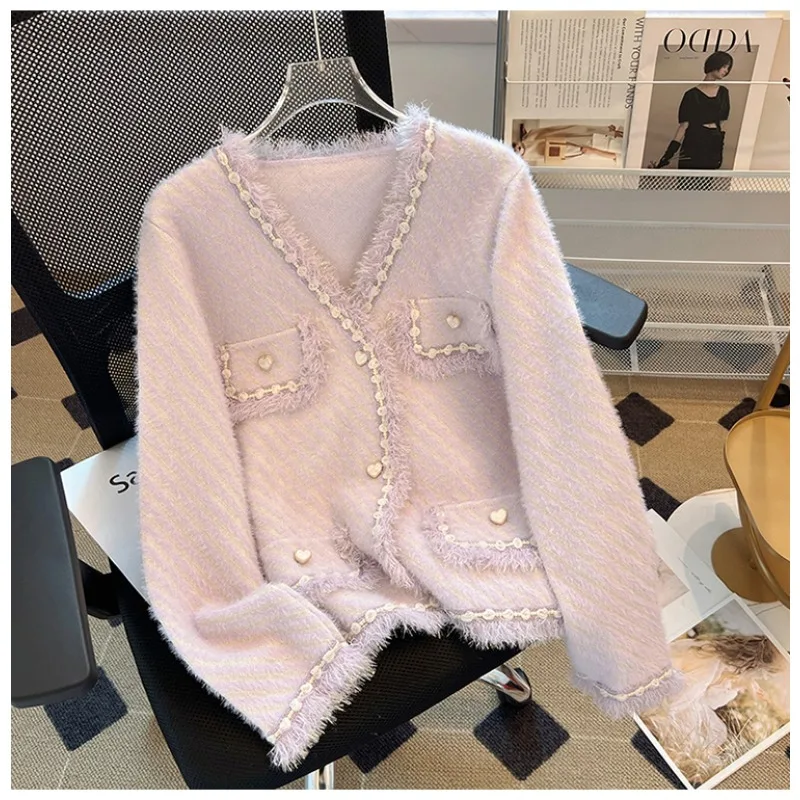 Новинка осени 2024 фиолетовый вязаный кардиган с v-образным вырезом и кисточками