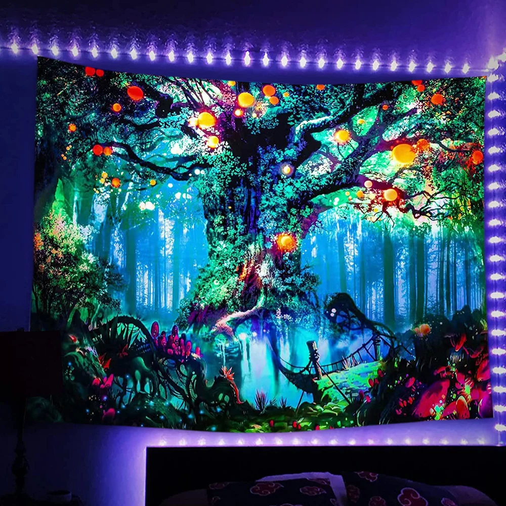 

Psychedelic Black Light Tree Of Life Flourescent Tapestry Hippie UV Reactive Sun Moon Mandala Tapestries Wall Hanging Room Decor