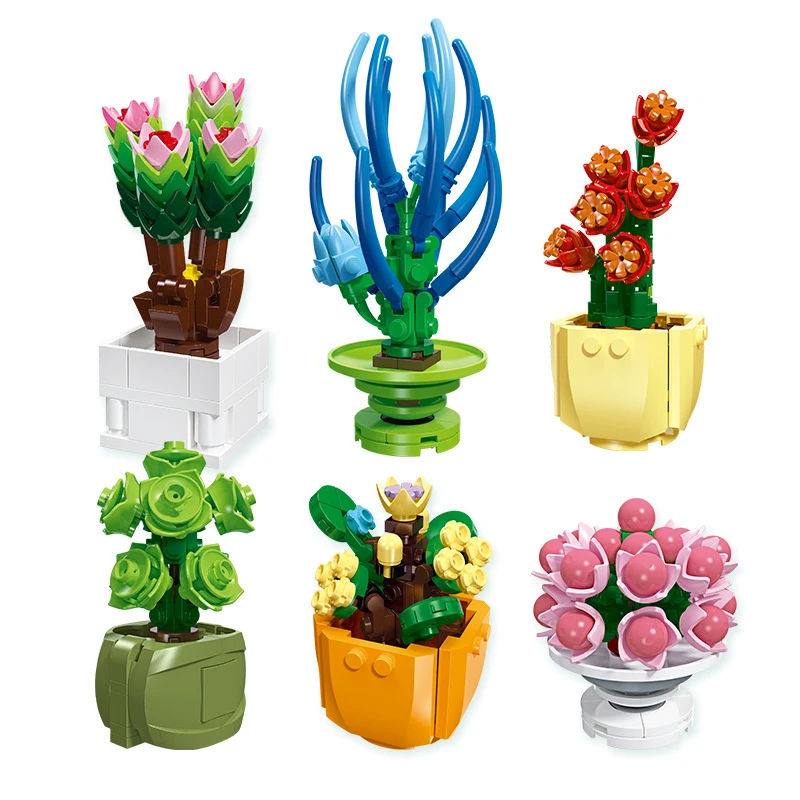 

6 шт., Детский конструктор «цветы в горшке»