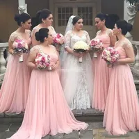 Pink A Line Bridesmaid Dresses Sweetheart Long Chiffon Bridesmaid Gowns For Young Girls with Lace Pleat Wedding Guest maid of Ho