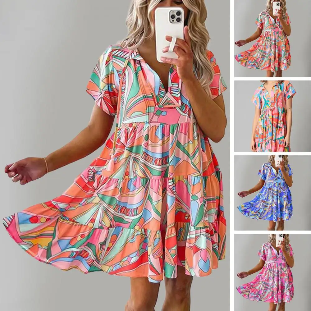 

Women Summer Dress Big Swing Printing Short Sleeve Beach Dress Loose Hem High Waist Pleated V Neck Lady Mini Dress
