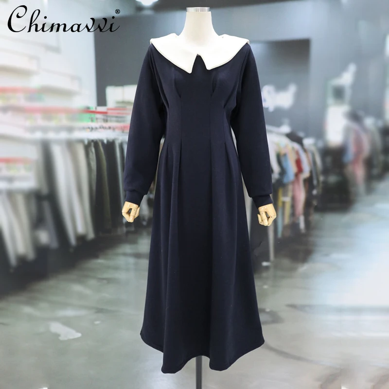 

Женское приталенное платье с матросским воротником, Новое Модное Длинное ТРАПЕЦИЕВИДНОЕ корейское Повседневное платье миди с высокой тали...